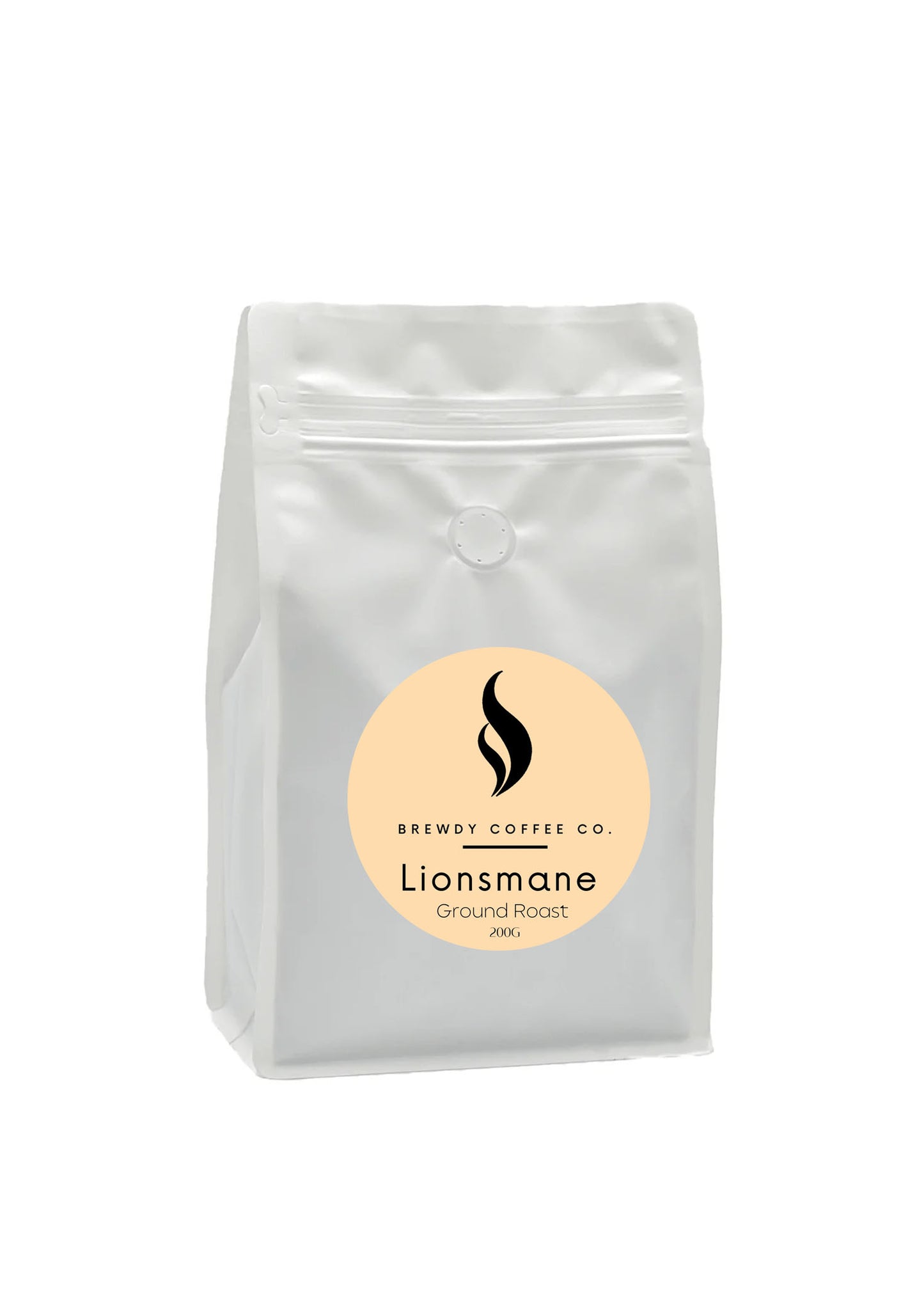 Lion's Mane Ground Coffee 200g pouch back of pack with ingredients and directions, Brewdy Coffee Co