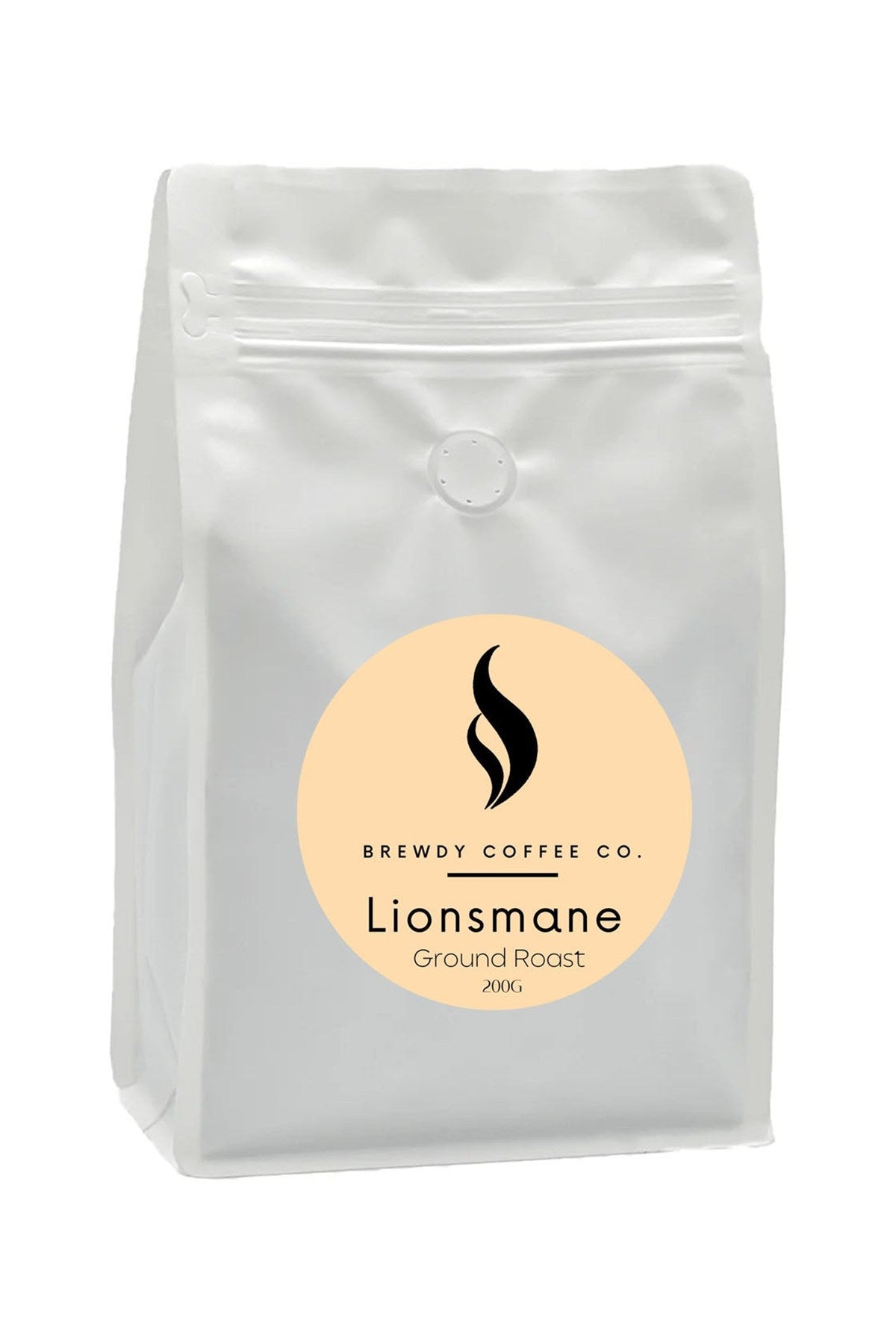 Lion's Mane Ground Coffee, mushroom ground coffee blend, Brewdy Coffee Co, front of pack on white background