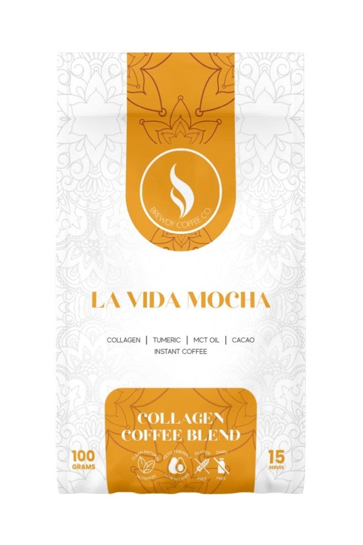 La Vida Mocha, functional coffee blend, Brewdy Coffee Co, front of pack on white background