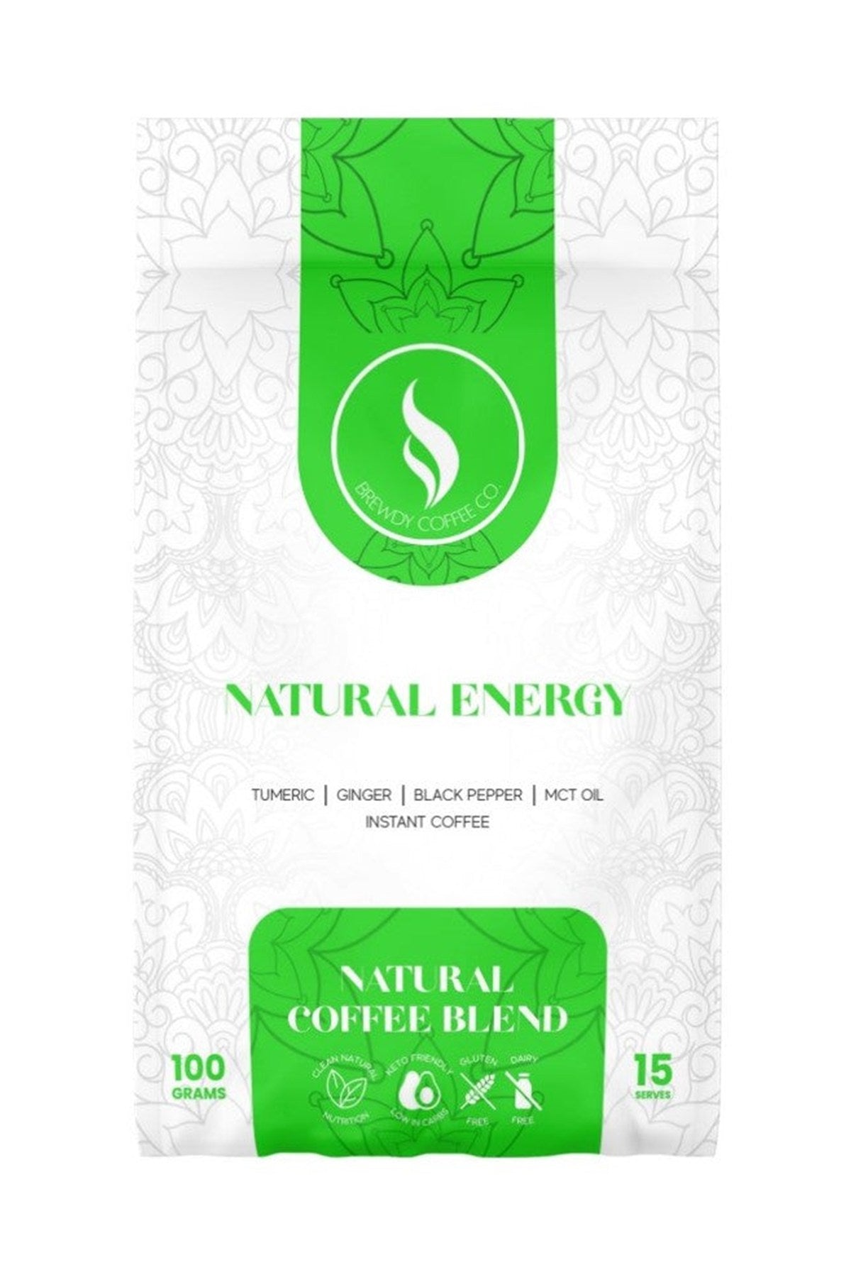 Natural Energy Coffee, functional coffee blend, Brewdy Coffee Co, front of pack on white background